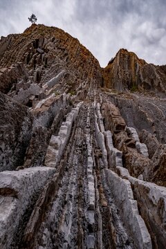 Low Angle View of Flysch Cliffs, Vertical Strata Rock Formations in Zumaia, Basque Country, Spain