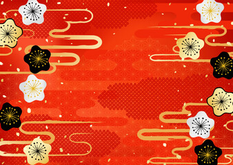 梅の花と日本の伝統模様を組み合わせた華やかな背景イラスト