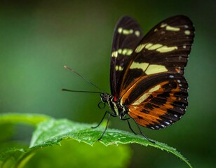 Obraz premium A vibrant butterfly rests on a lush green leaf