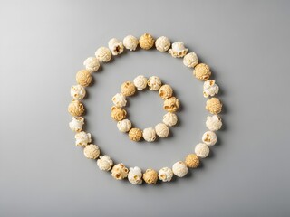 Popcorn pieces arranged in concentric circles on a gray surface