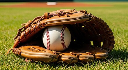 Baseball glove crafted from brown leather securely holding a classic white baseball with prominent red stitching, resting on lush green outfield grass