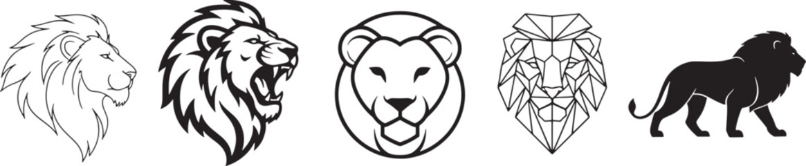 Obraz premium Lion logo icon set featuring outline bold geometric minimal and silhouette styles ideal for branding mascots sports teams wildlife identity and modern logo design projects
