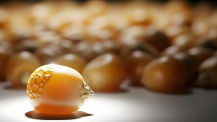 Macro close-up of a golden corn kernel with blurred background