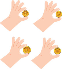 set of icons of human hands holding various gold coins with different currency symbols between their fingers, for thematic designs on the topic of business, banking and finance