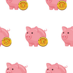 pattern with a set of colored icons of a pink piggy bank with gold coins with currency symbols near the piggy bank, for thematic designs on the topic of business, banking and finance