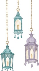 Ramadan social media banner with hanging moroccan lanterns, watercolor islamic decor, cozy boho festive design