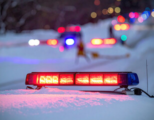Emergency lights glow in snowy night, blurred figures beyond