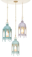 Ramadan social media banner with hanging moroccan lanterns, watercolor islamic decor, cozy boho festive design
