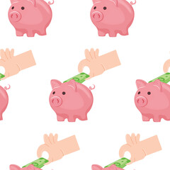 pattern with icons of a pink piggy bank and a hand holding green paper bills between its fingers, for thematic designs on the topic of business, banking and finance