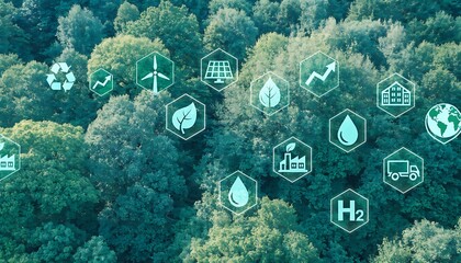 Abstract Green Technology Icons Overlaying Lush Forest Canopy from Aerial Drone View