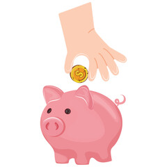 icon of a pink piggy bank and a hand throwing a gold coin into the piggy bank for storing money, for thematic designs on the topic of business, banking and finance