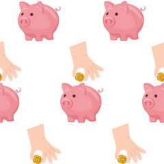 pattern with icons of a pink piggy bank and a hand throwing a gold coin into a piggy bank for storing money, for thematic designs on the topic of business, banking and finance