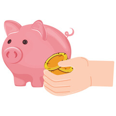 icon of a pink piggy bank and a hand holding gold coins, for thematic designs on the topic of business, banking and finance