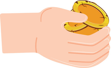 icon of a human hand holding gold coins in an open palm, for thematic designs on the topic of business, banking and finance