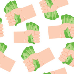 pattern with icons of a human hand holding green banknotes in a fist and green banknotes, for thematic designs on the topic of business, banking and finance