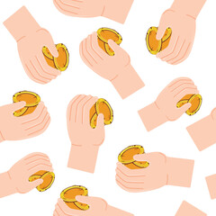 pattern with icons of a human hand holding gold coins in an open palm, for thematic designs on the topic of business, banking and finance