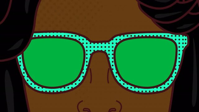 Animation of eyes of a cartoon woman wearing glasses