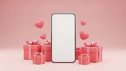 valentine online sale smartphone mockup with gifts, mobile shopping valentine promotion background, e commerce valentine sale concept stock image, pink valentine hearts  boxes digital marketing