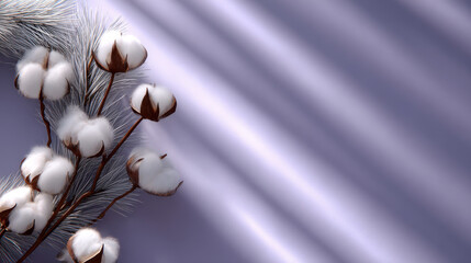 Cotton plant with soft white flowers on a purple background. A dramatic image portrays a gun piercing the Earth, symbolizing destruction and global conflict against a stark black backdrop.