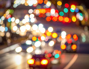 Blurred city street at night, lights form bright circles