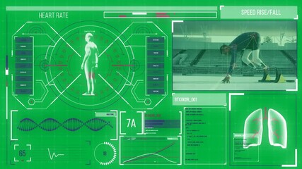 Animation of medical data processing on digital interface screen with disabled male athlete running - Powered by Adobe