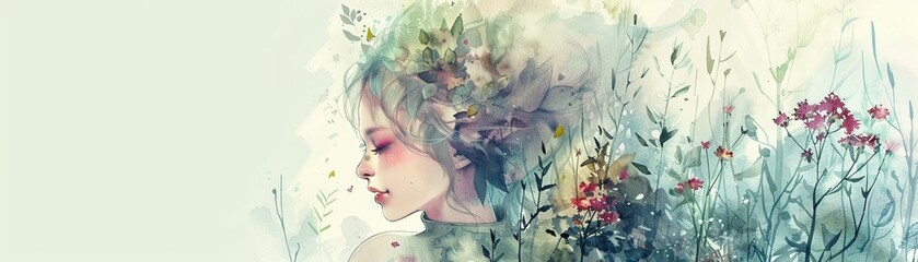 A whimsical watercolor sketch of a mischievous fairy peeking out from behind a blooming wildflower  ,Abstract