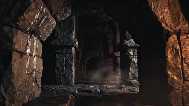 A dimly lit stone corridor leads deeper into a mysterious underground setting, creating intrigue