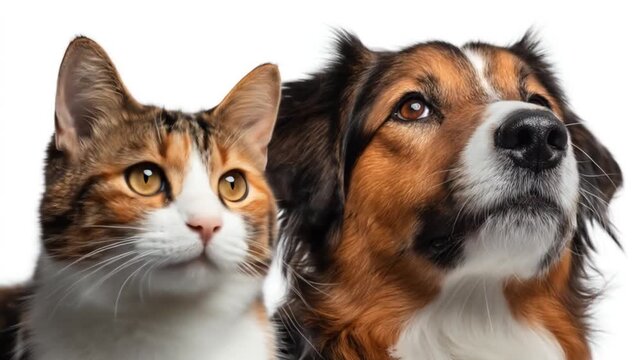 Two pets a calico cat and a brown-white dog look up, against a clean white background, curious. now