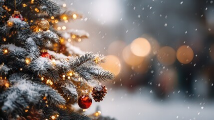Festive Christmas Tree Branch with Red Ornaments and Sparkling Lights in a Snowy Outdoor Setting