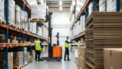 Obraz premium A warehouse worker using a forklift to move pallets of goods on the shelves. Other workers are arranging products