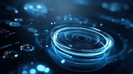 Futuristic blue glowing concentric rings digital interface with abstract bokeh and neon light particles - Powered by Adobe