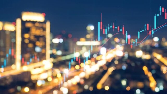 Financial Stock Market Chart with Candlestick Graph Over Blurred Cityscape at Night