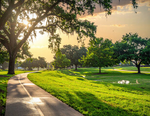 Serene park scene with path, sun, trees, and golden light