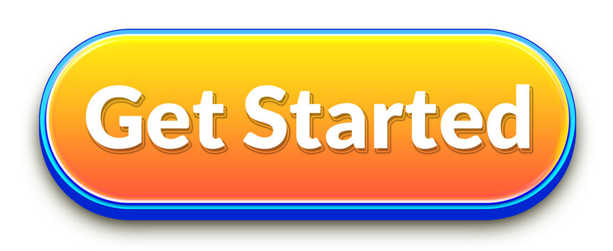 Orange gradient 3d get start ui cta button with blue outline isolated png transparent background for onboarding