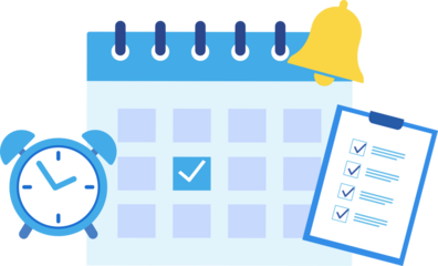 calendar with scheduled dates and appointments, clock, to-do list, reminders 
