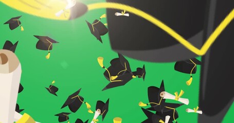 Animation of graduation hats and diplomas with ribbons falling against beige background