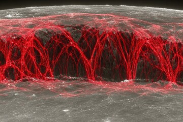 Lunar terrain overlaid with bright red, intricate network