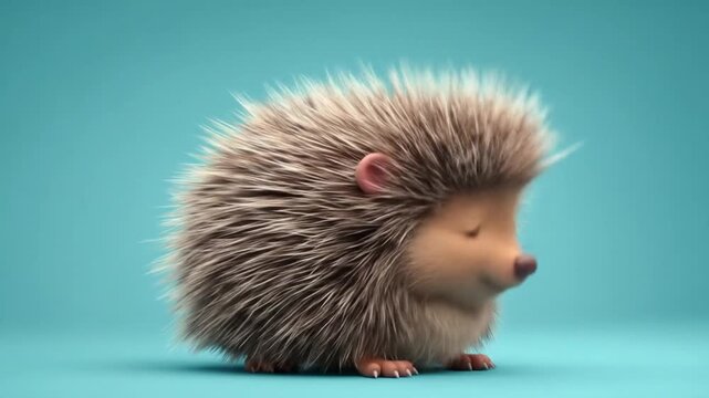 A tiny hedgehog in profile, bristly quills, pink nose, soft fur, against teal backdrop, calm, serene