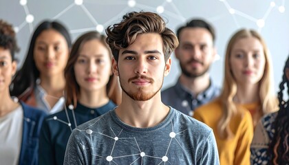 Diverse group of people looking at the camera, abstract background