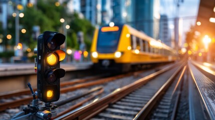 Close-Up View of a European Railway Signal with Train Approaching at Dusk