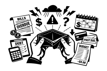 Fototapeta premium Empty wallet and financial stress symbols, representing debt and overdue bills