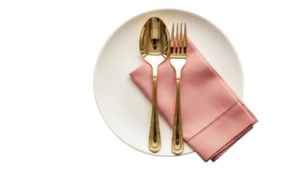 Isolated golden spoon and fork, with pink linen napkin on plate, elegance setting, luxury