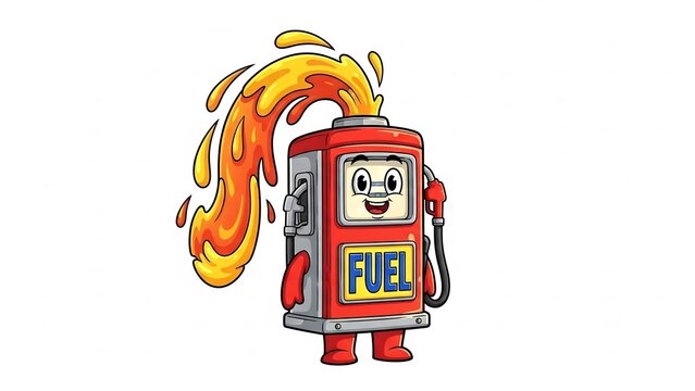 Cartoon gas pump character smiling and burning brightly
