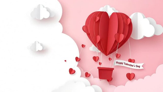 Paper Cut Heart Hot Air Balloon with Valentine's Day Banner on Pink Background