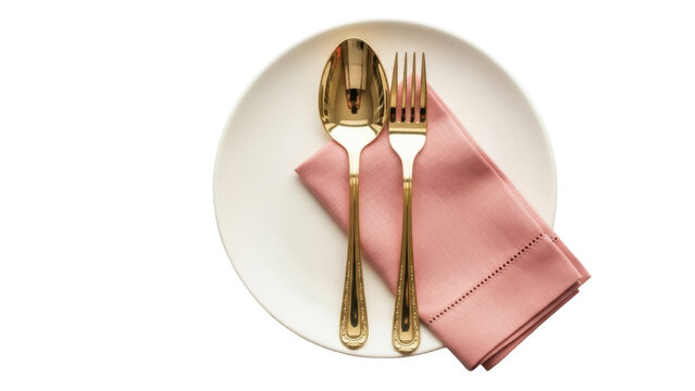Isolated golden spoon and fork, with pink linen napkin on plate, elegance setting, luxury