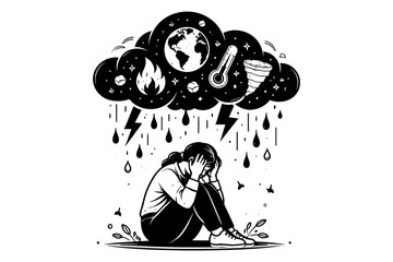 Person overwhelmed by climate change disasters, feeling stressed and anxious