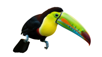 Isolated colorful keel-billed toucan perched on branch, a vibrant tropical bird from Central America