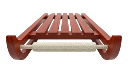 Isolated red cedar sleigh with rope, traditional wooden sledge, winter fun in cold weather