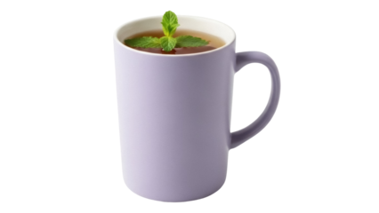 Isolated tall lavender mug of herbal tea with mint leaves floating, on neutral background
