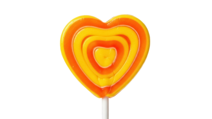 Isolated heart-shaped lollipop with orange and yellow stripes; sweet candy treat for Valentine's